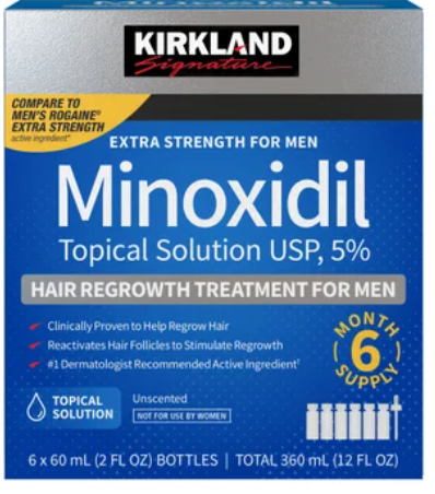 Kirkland Signature Hair Regrowth Treatment Extra Strength for Men, 5% Minoxidil Topical Solution, 2 fl oz, 6-pack